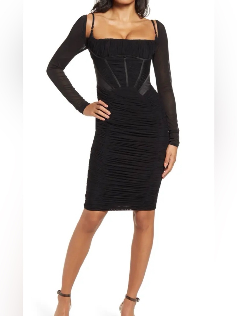 HOUSE OF CB Freyja Satin Ruched Long Sleeve Body-Con Dress